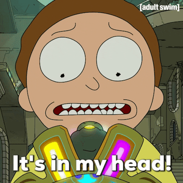 Morty, of Rick and Morty, running is a panic yelling "it's in my head"
